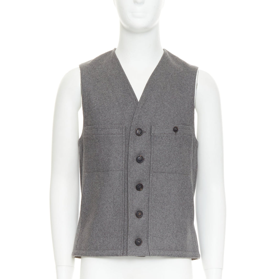 LEMAIRE grey 100% virgin wool felt horn buttons pocketed waist coat vest Sz.2 M