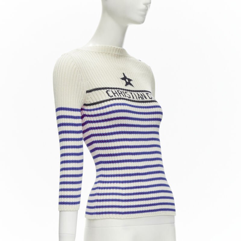 CHRISTIAN DIOR 2022 Mariniere blue nautical sailor stripe logo ribbed top FR34