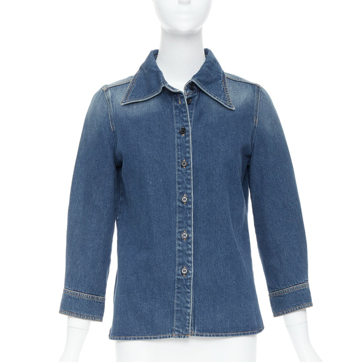 CHLOE blue washed denim cotton cropped sleeve over shirt FR38 M
