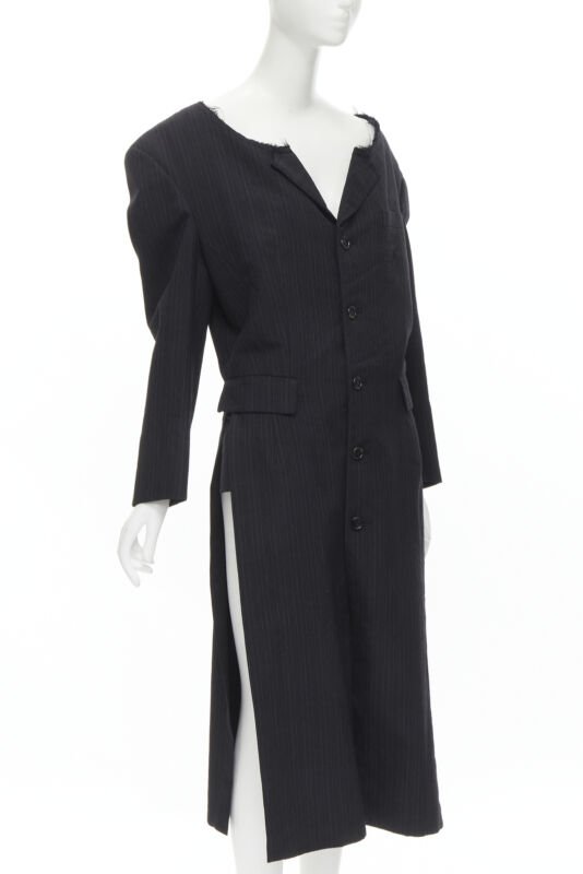 COMME DES GARCONS 1994 dark grey pinstripe frayed cut collar boxy coat M