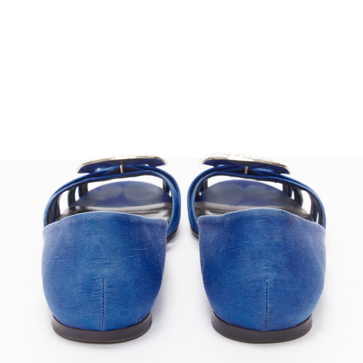 ROGER VIVIER blue satin crystal square buckles woven front pep toe flats EU34.5