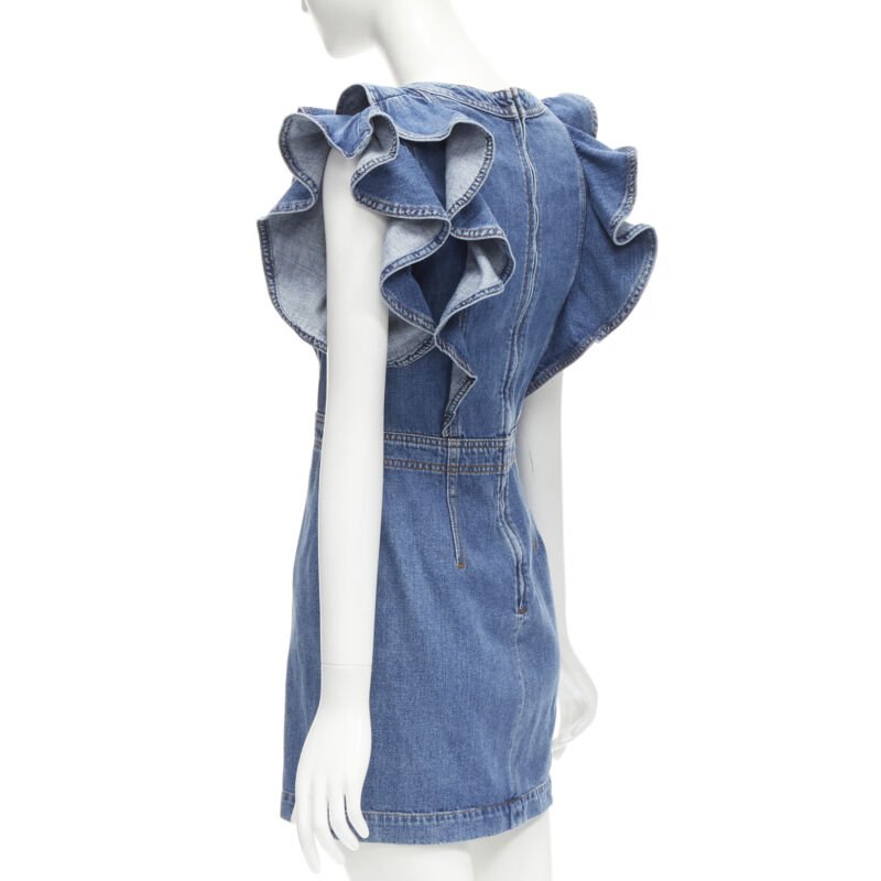 PHILOSOPHY DI LORENZO SERAFINI blue denim ruffled plunge neck dress IT38 XS