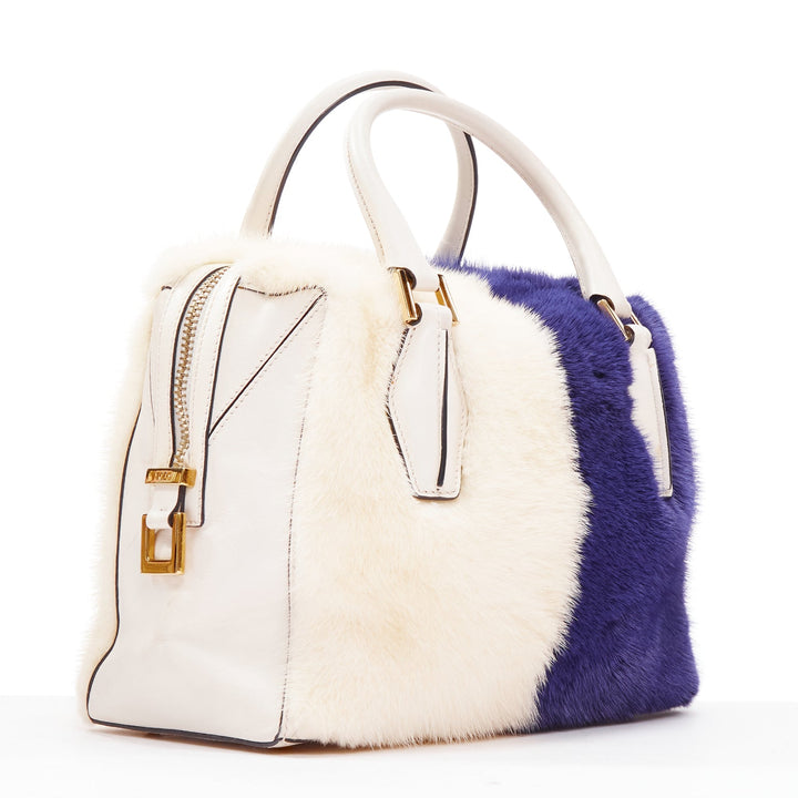 TOD'S D Cube Bauletto cream blue fur white leather GHW bowler bag