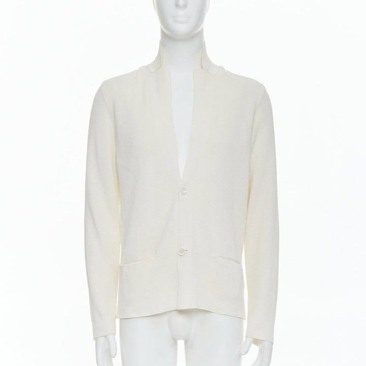 LANVIN cream cotton skinny lapel knitted buttons pocketed blazer M