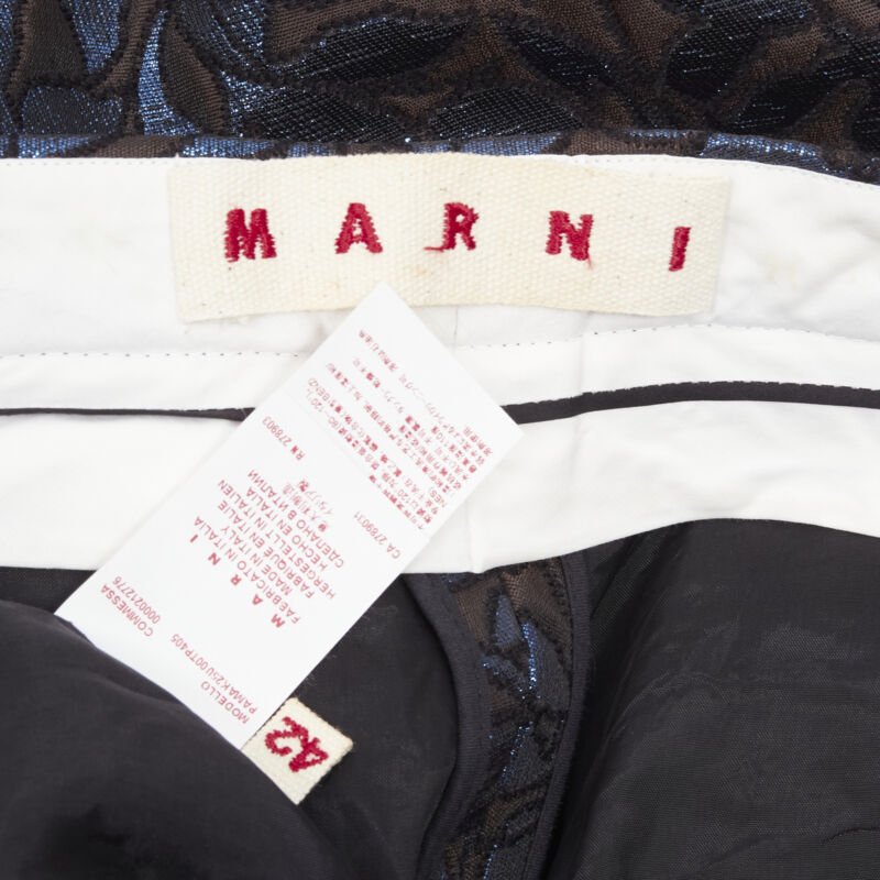 MARNI metallic blue brown floral jacquard wide leg trousers pants IT42 M