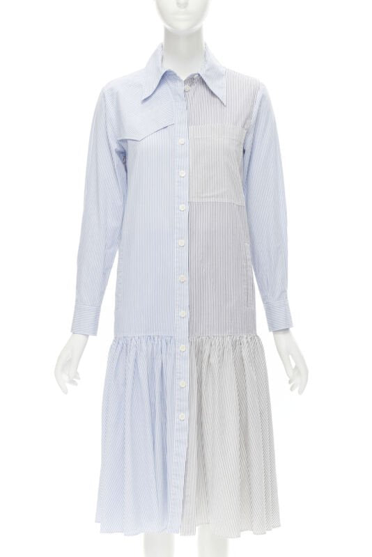 TIBI blue grey striped cotton asymmetric pockets flutter skirt shirt dress XS