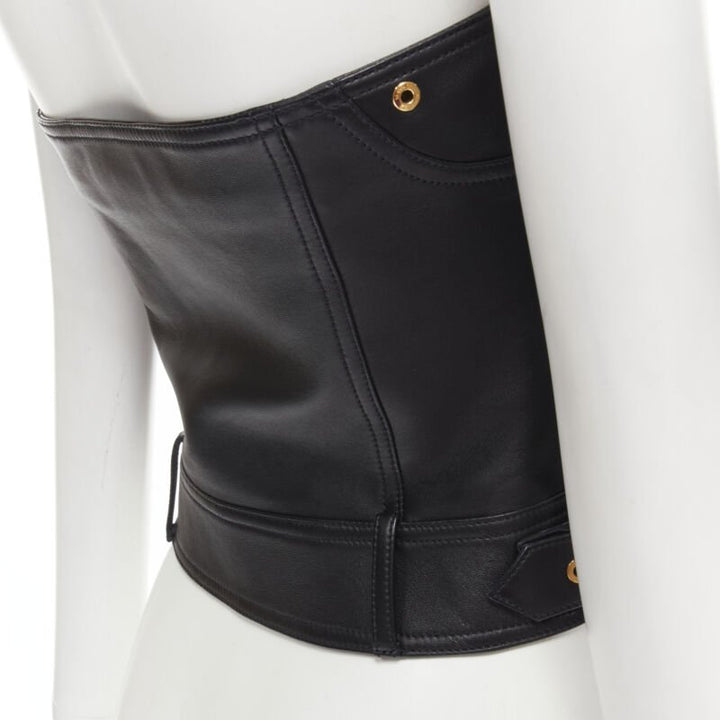 VERSACE Runway black leather gold-tone Medusa biker bustier top IT38 XS