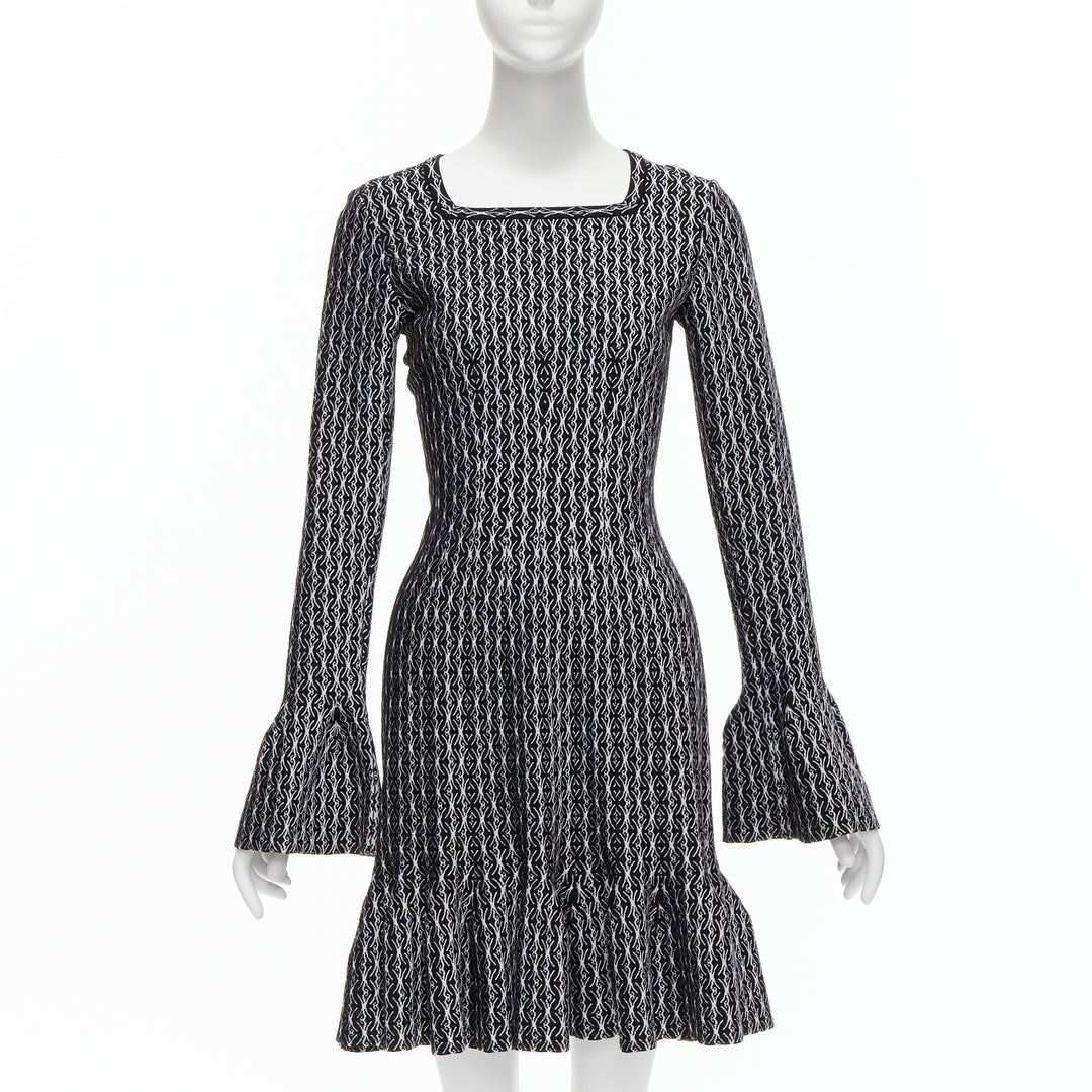 ALAIA black white wool jacquard square neck flared hem cocktail dress FR38 M