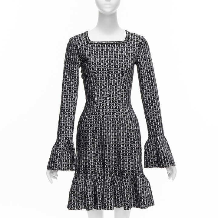 ALAIA black white wool jacquard square neck flared hem cocktail dress FR38 M