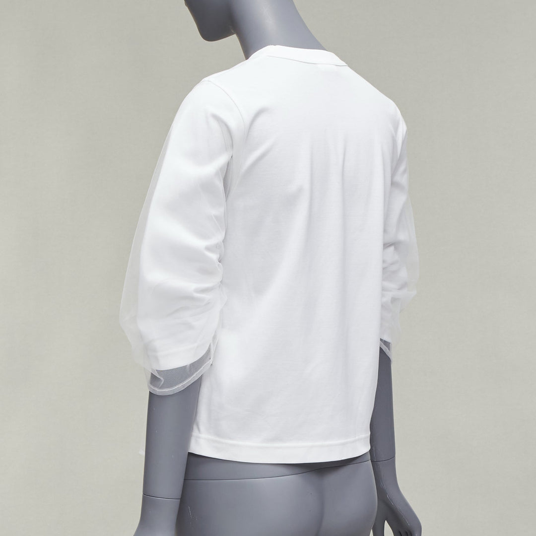 NOIR KEI NINOMIYA 2018 white cotton tulle overlay ruched sleeve tshirt XS