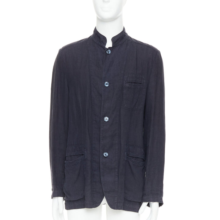 ERMENEGILDO ZEGNA navy linen 3 pockets stand collar light blazer IT48 M