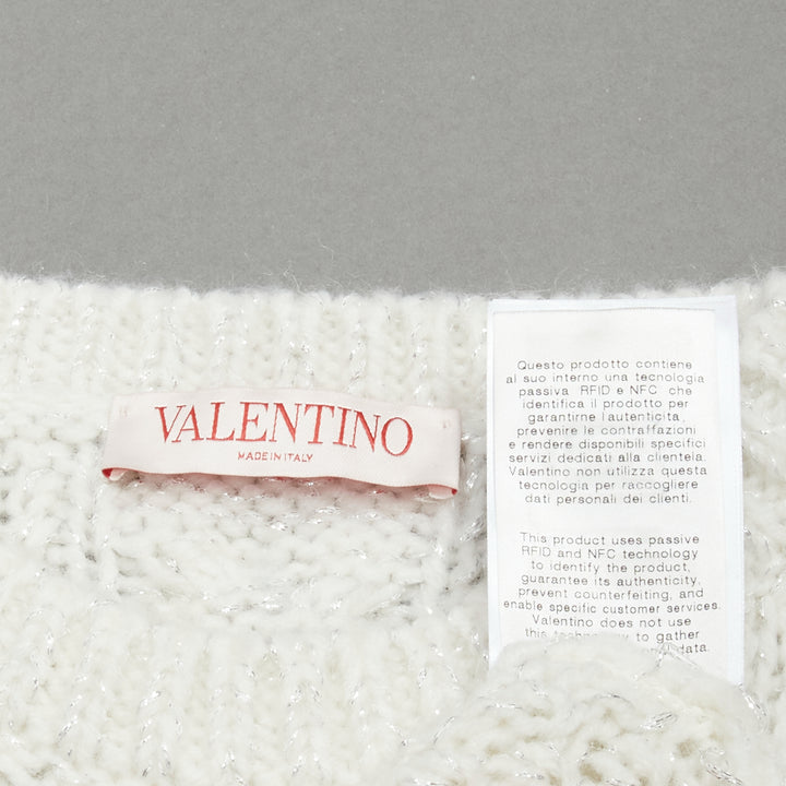 VALENTINO 2021 silver beads sequins bow white lurex cable knit sweater XS