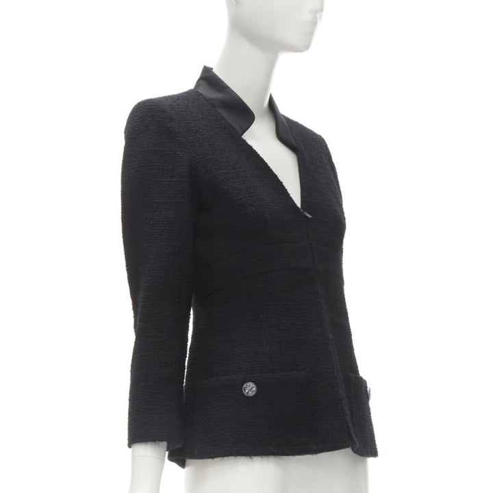 CHANEL 17C Paris Cuba lattice tweed Coco satin collar little black jacket FR36 S