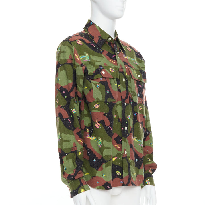 BILLIONAIRE BOYS CLUB green brown cotton camo UFO print shirt M