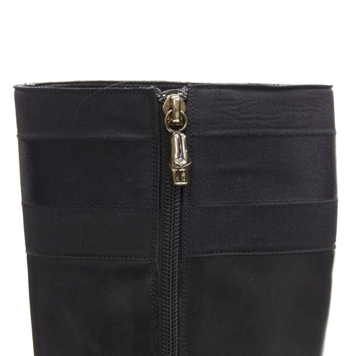GUCCI black web trim leather gold bamboo charm zip riding boots EU36