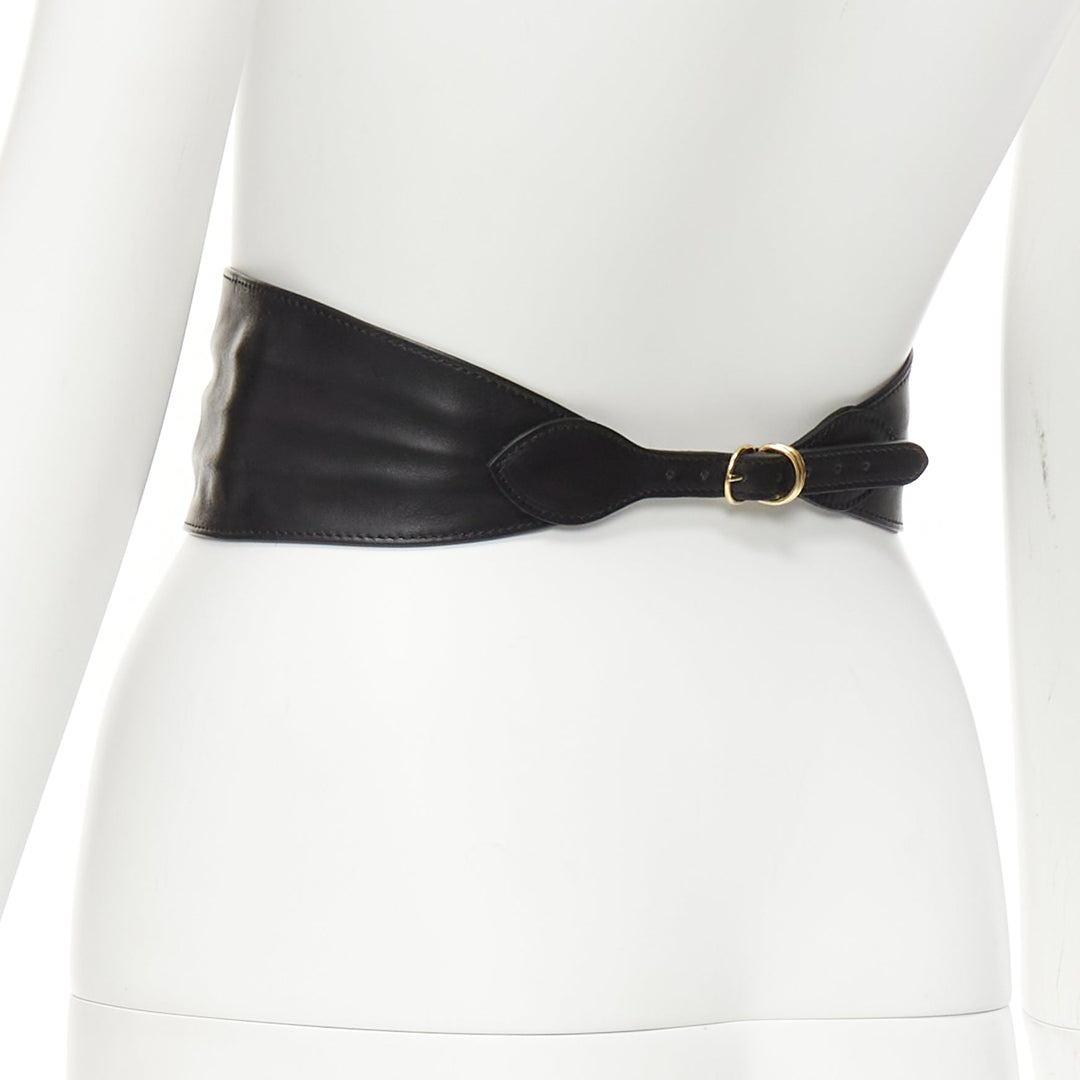ALESSANDRA RICH rhinestone crystal gold chain oval buckle black leather belt S