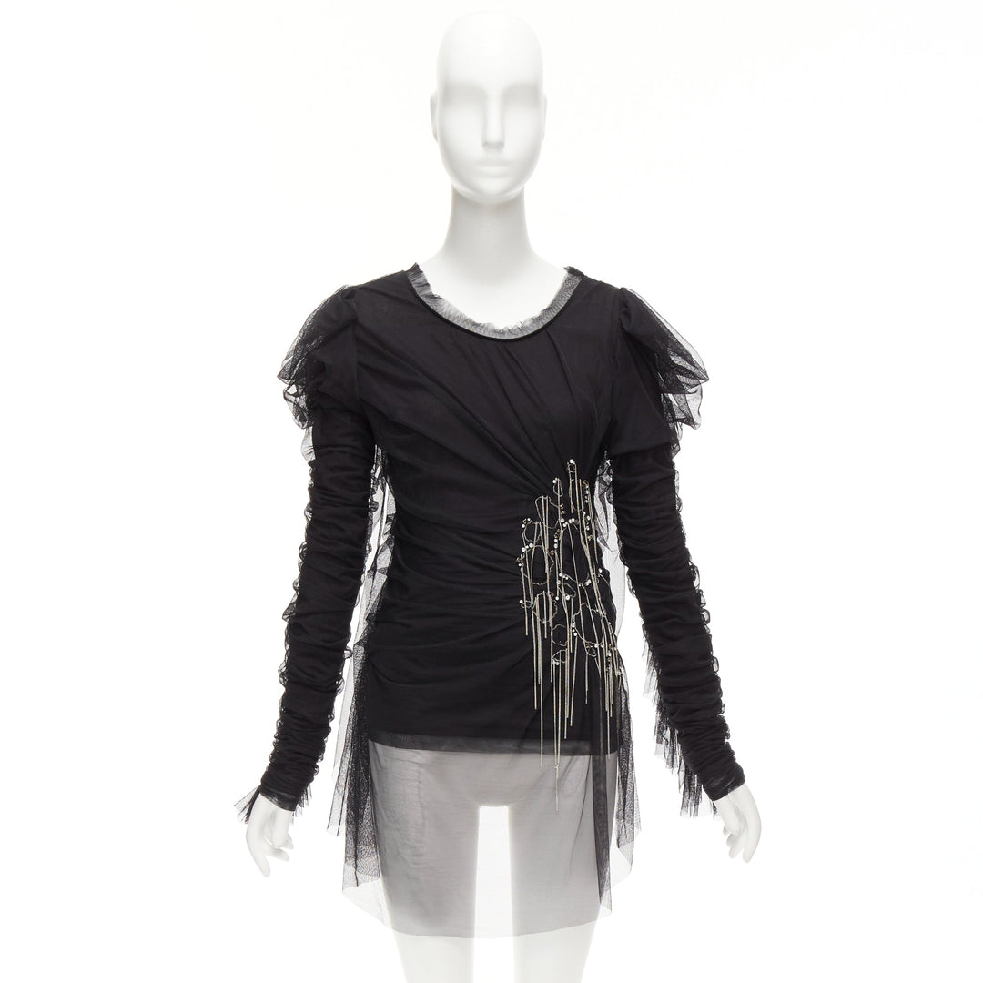 FAITH CONNEXION black viscose mesh overlay silver chain crystal top S
