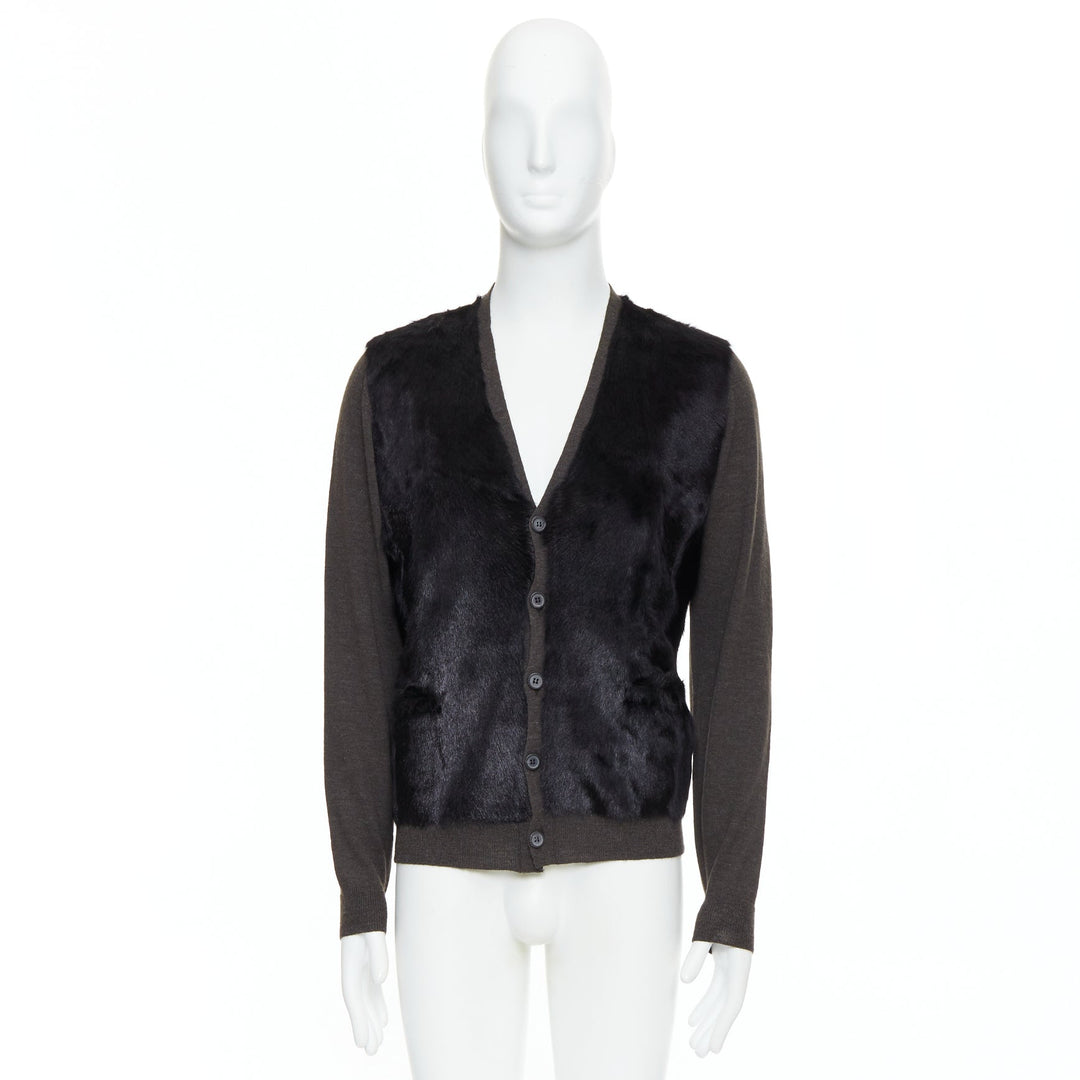 LANVIN black brown 100% alpaca fur front panel cardigan jacket M