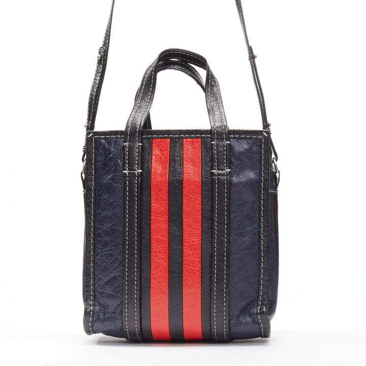 BALENCIAGA Bazar navy red striped leather top handle crossbody bag