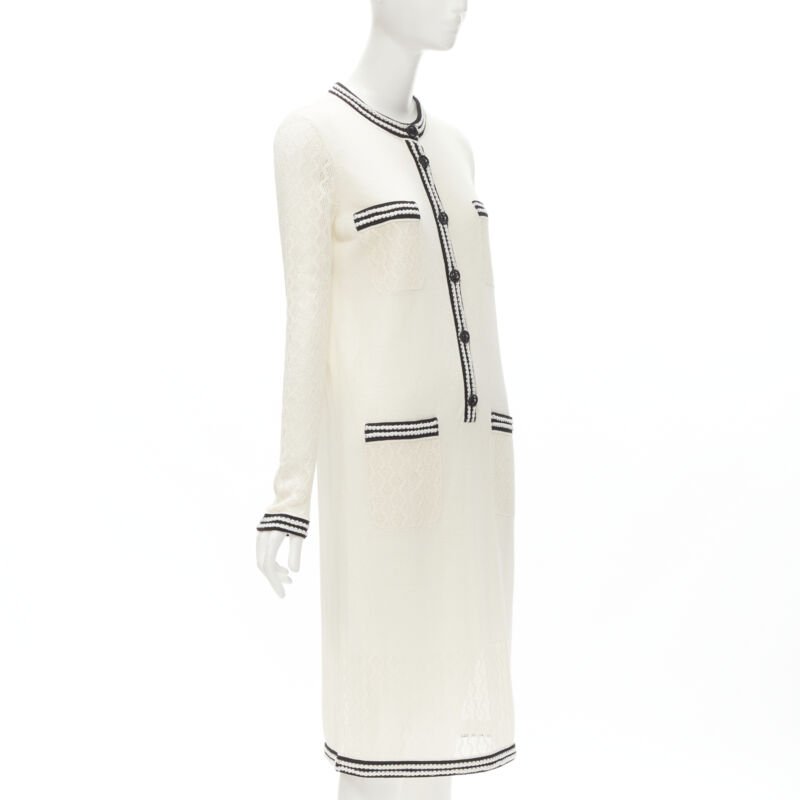 CHANEL cream beige 4-pocket black CC crochet knit midi dress FR38 S