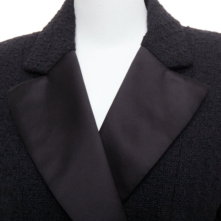 CHANEL 17A Runway Cosmopolite black tweed double breasted tuxedo jacket FR44