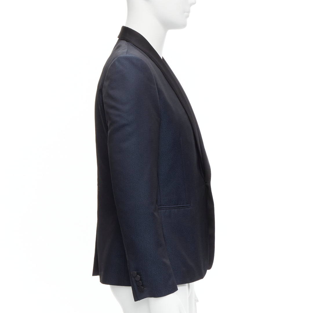 SAINT LAURENT navy metallic textured satin shawl tuxedo blazer EU50 L