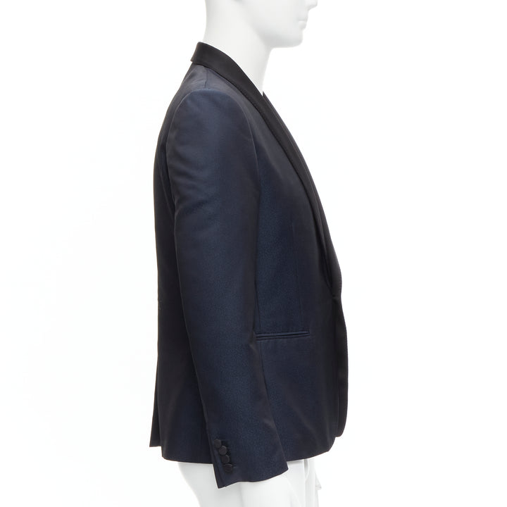 SAINT LAURENT navy metallic textured satin shawl tuxedo blazer EU50 L