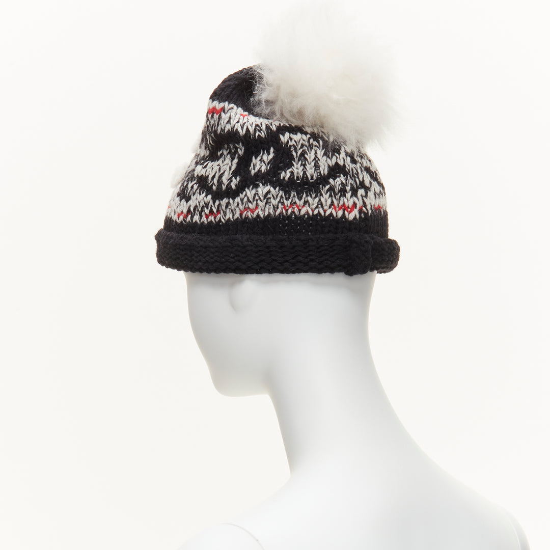 CHANEL 100% wool white CC logo pom pom black red intarsia beanie hat