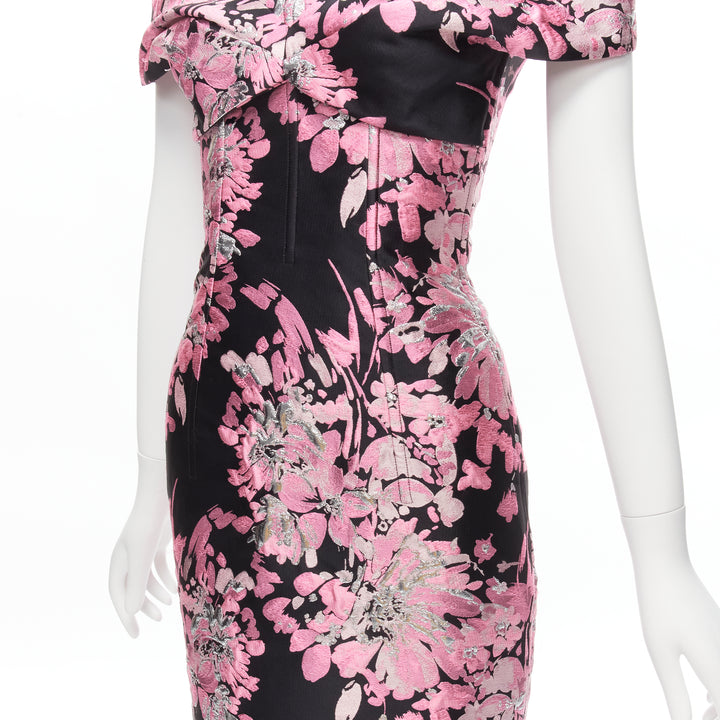 DOLCE GABBANA black pink floral jacquard off shoulder corsetted dress IT36 XXS