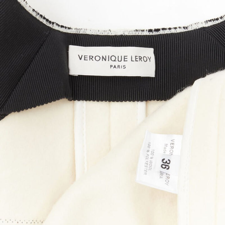VERONIQUE LEROY cream wool frayed check toggle button double breasted coat FR36