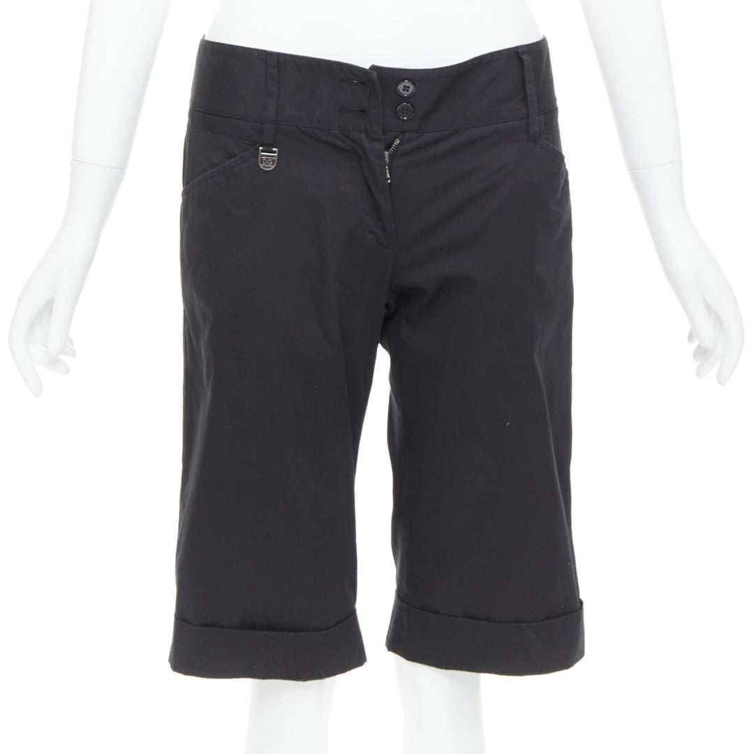 DOLCE GABBANA black cotton silk DG charm cuffed bermuda shorts IT38 XS