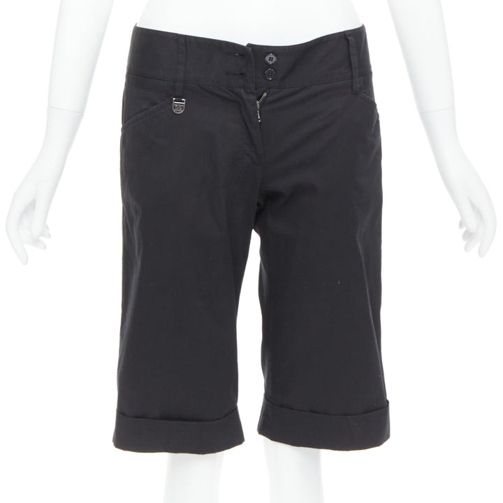 DOLCE GABBANA black cotton silk DG charm cuffed bermuda shorts IT38 XS
