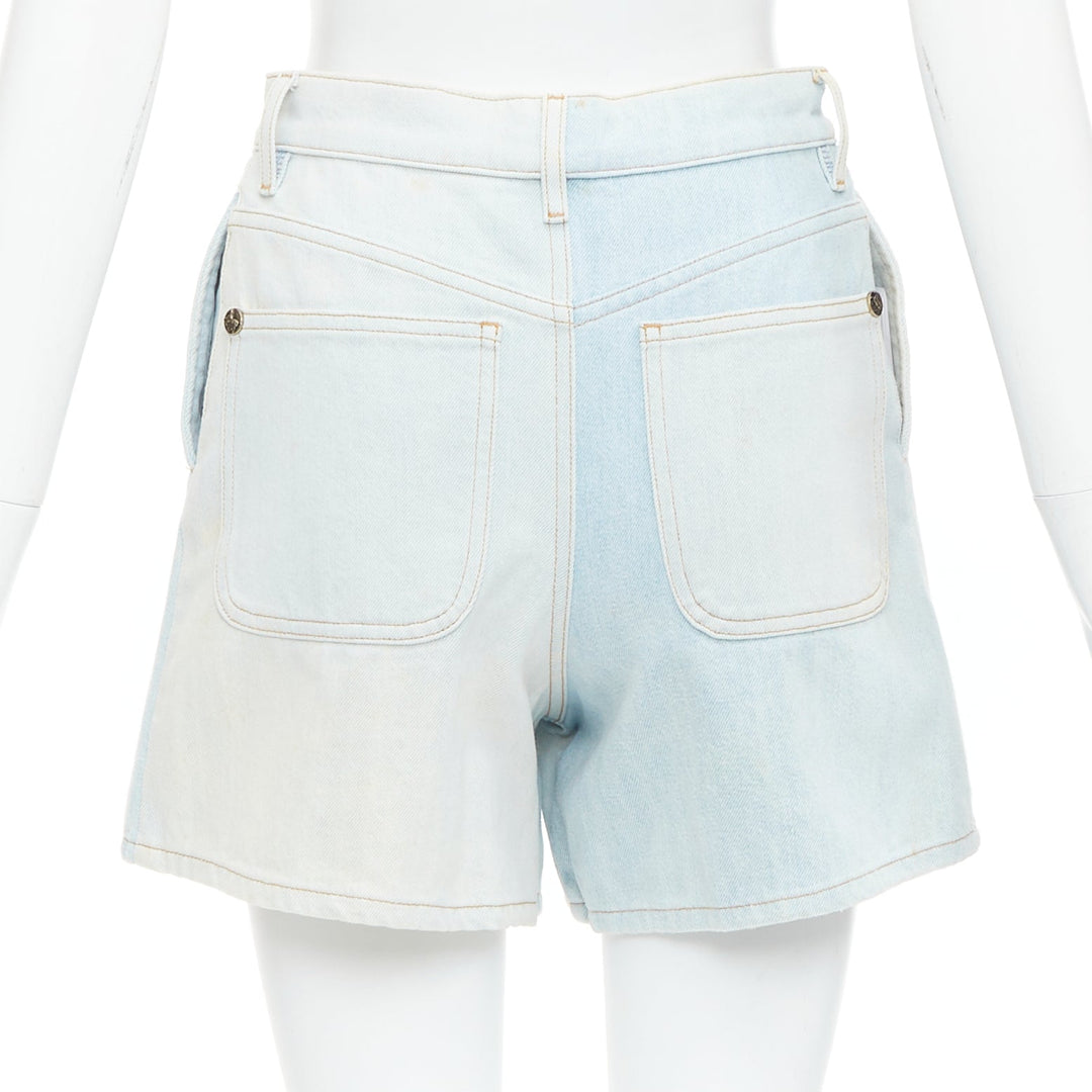 CHANEL 2018 Runway light blue washed denim horse buttons shorts FR34 XS