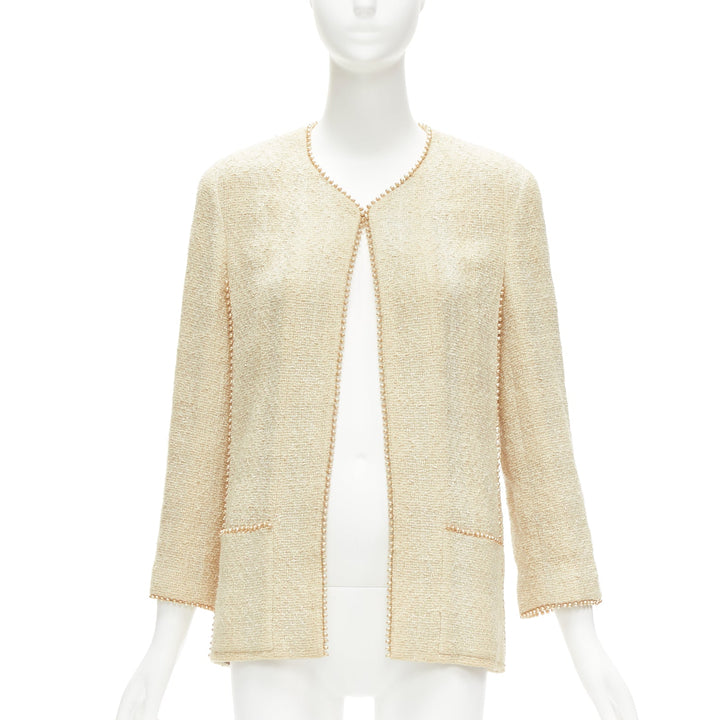 CHANEL Karl Lagerfeld 99P Vintage pearl trim boucle tweed jacket FR40 L