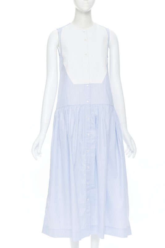 PALMER HARDING 100% cotton white bib front blue striped summer dress UK8 XS