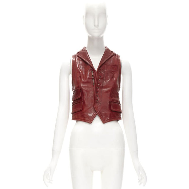 DSQUARED2 Y2K distressed red leather hook bar cropped vest S