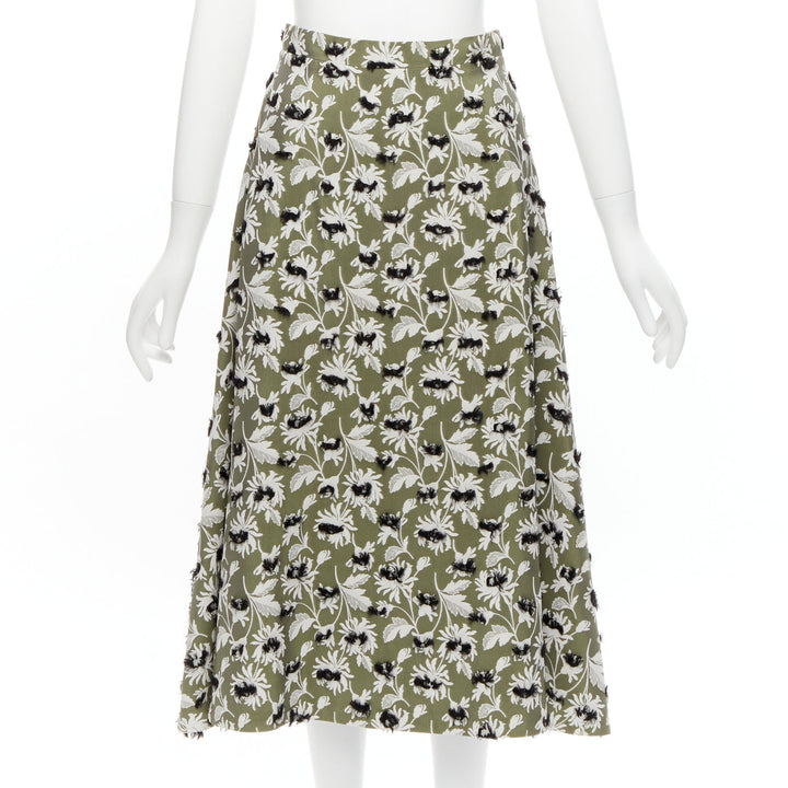 BALENCIAGA 2015 green black fringe embellishment white floral midi skirt FR36 S