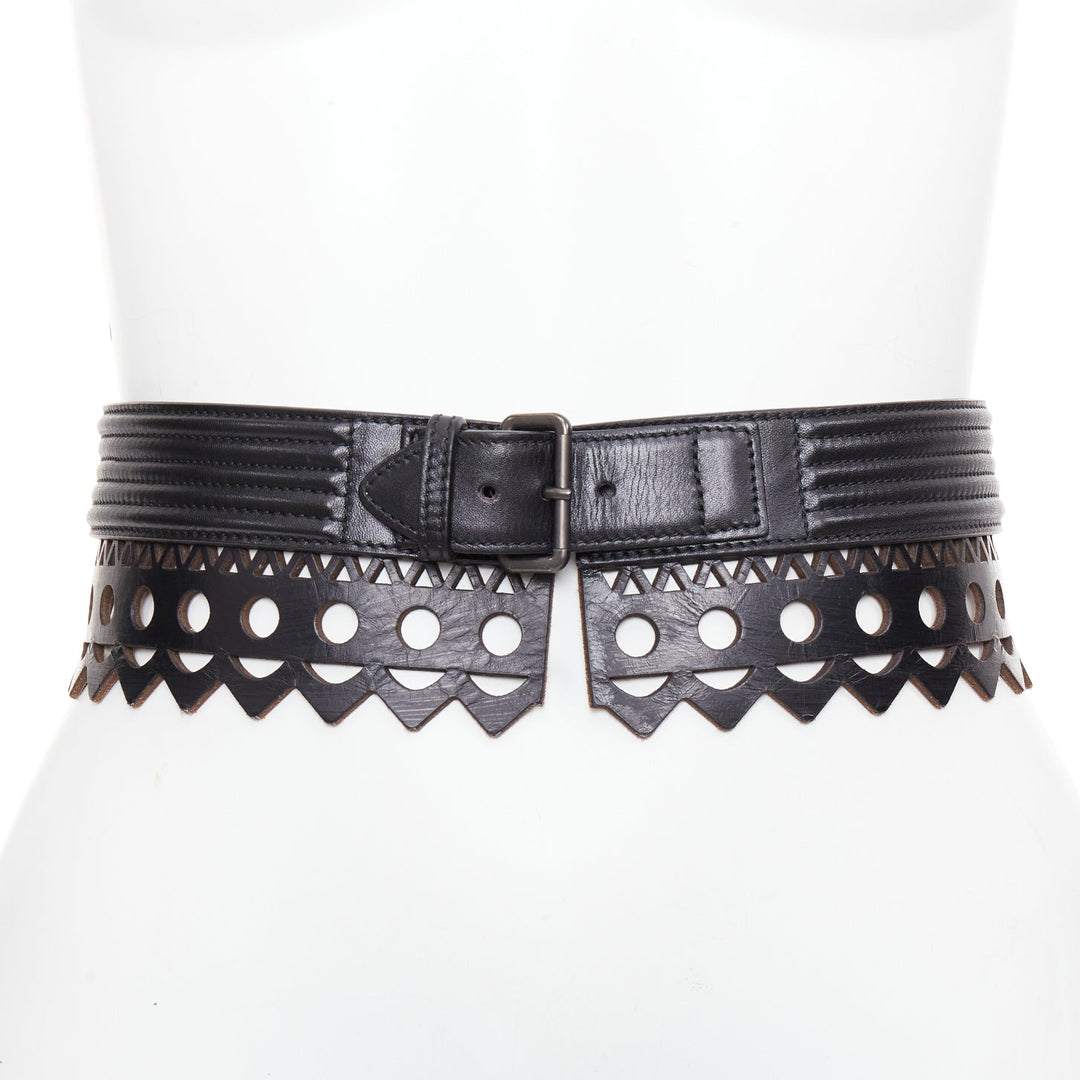ALAIA Vienne black leather laser cut scalloped  wide waist belt 65cm
