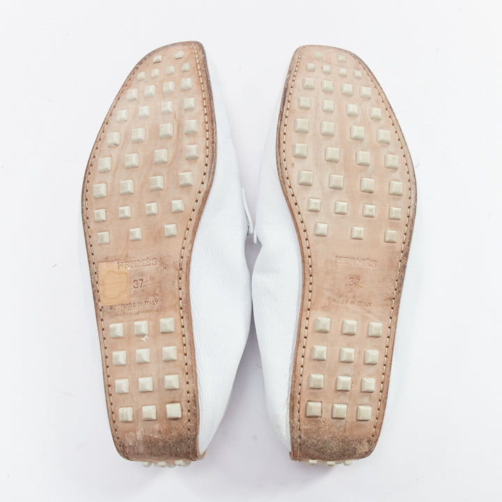 HERMES Echo Mocassins white leather cream studded back driving loafers EU37