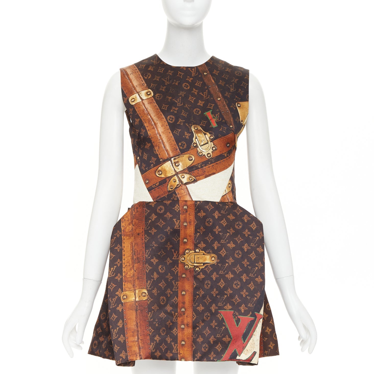 LOUIS VUITTON 2024 Runway Monogram LV Trunk Pleat sleeveless mini