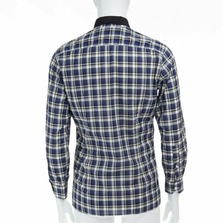 LANVIN ALBER ELBAZ blue checked cotton grosgrain ribbon collar shirt EU38 S