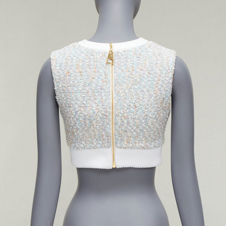 LOUIS VUITTON 2023 Runway pastel white boucle tweed crew crop top FR34 XS