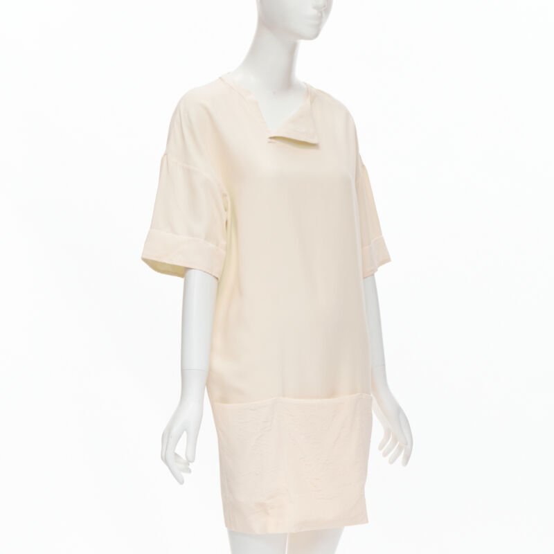 THE ROW ivory cream triple pocket asymmetric collar boxy silk dress US0 XS