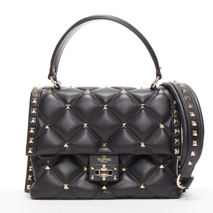 VALENTINO Candystud black nappa lambskin gold studded turnlock 2 way satchel bag