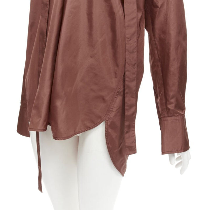 VALENTINO 2022 Runway brown silk taffeta wide collar neck tie shirt IT38 XS