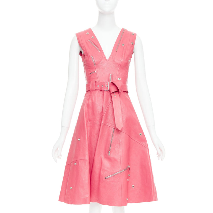 ALEXANDER MCQUEEN 2017 Runway fuchsia pink leather biker zip dress IT36 XXS