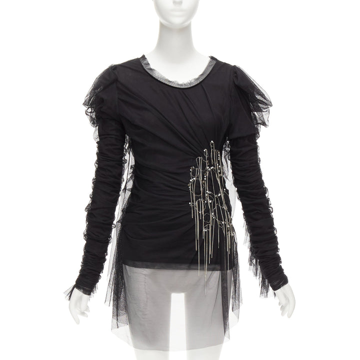 FAITH CONNEXION black viscose mesh overlay silver chain crystal top S