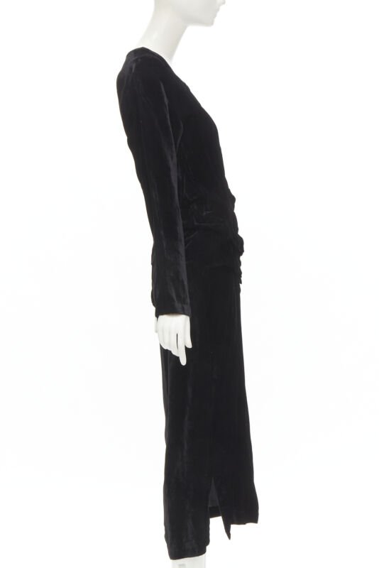 COMME DES GARCONS 1980's Vintage black velvet irregular shirred midi dress M
