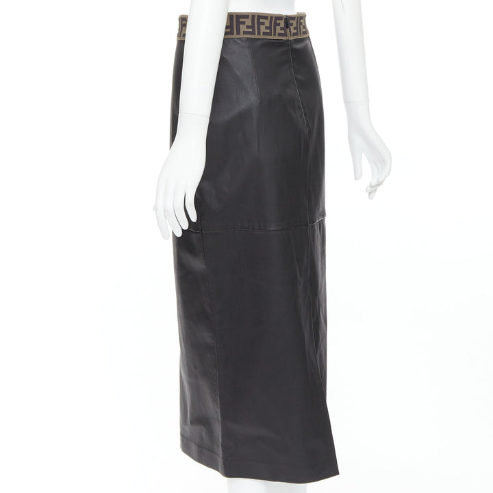 FENDI Gonna khaki FF monogram waist black lamb leather pencil skirt IT44 L