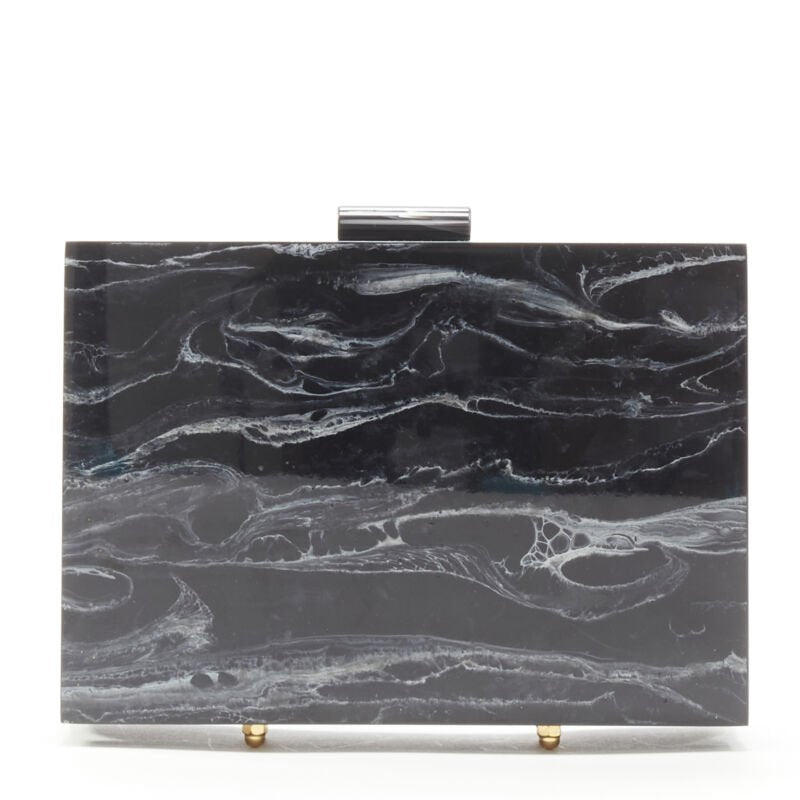 L'AFSHAR black white marble print acrylic gold hardware box clutch bag
